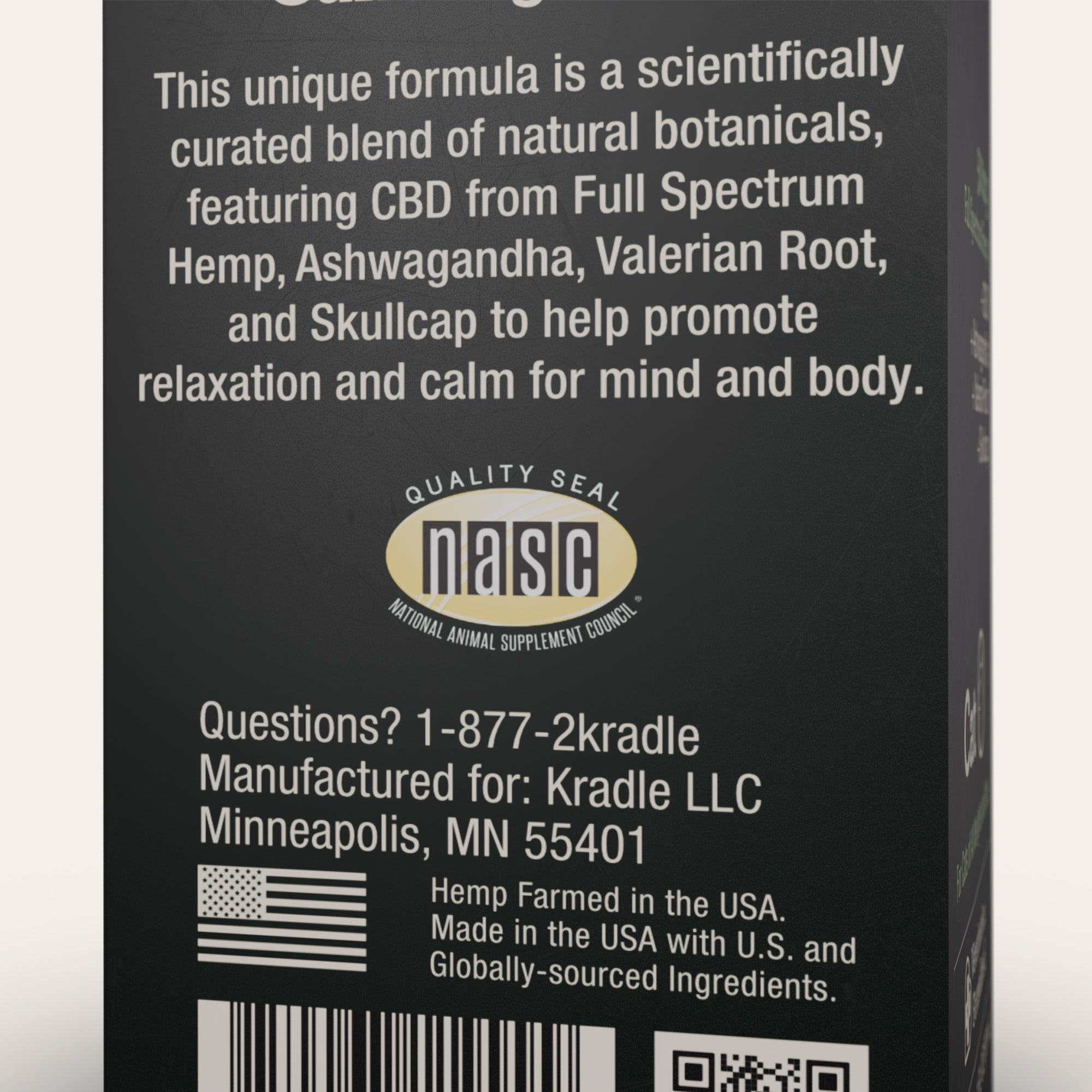 Back label of a product with text about natural botanicals and CBD, featuring the National Animal Supplement Council (NASC) seal.
