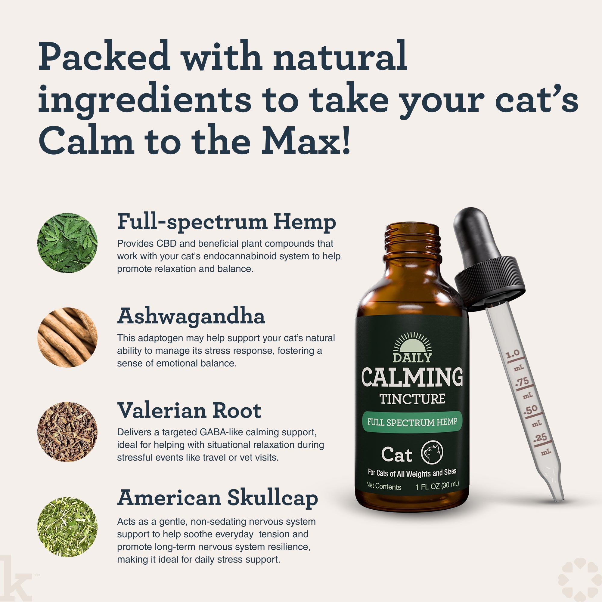 Cat calming tincture with dropper and natural ingredients listed on a white background