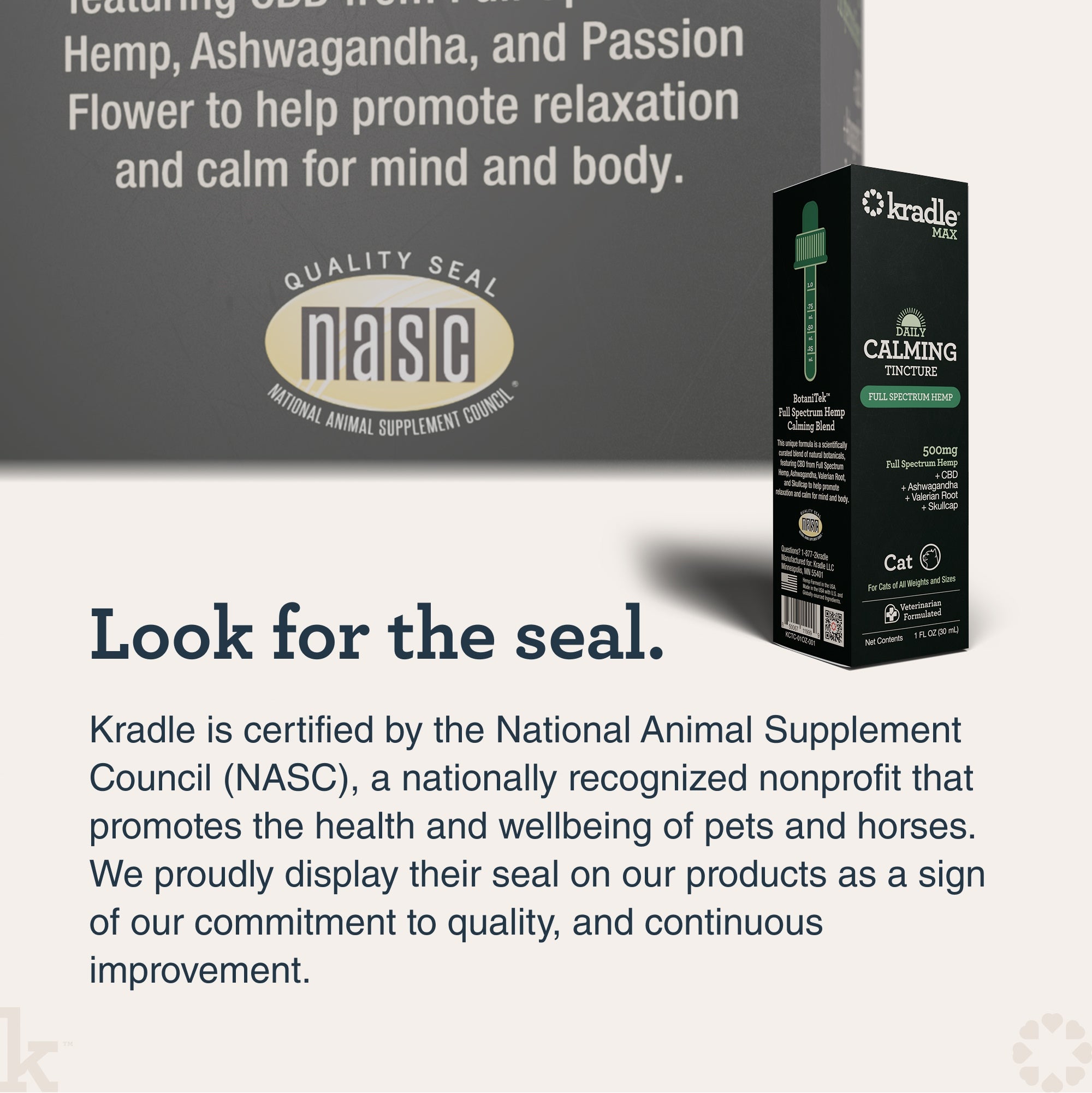 Kradle calming tincture box with NASC seal on a gray background