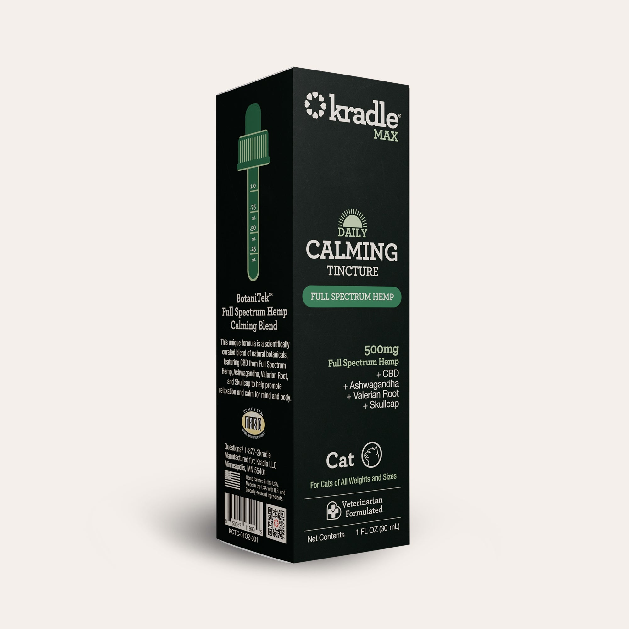 Kradle Max Daily Calming Tincture packaging for cats on a white background