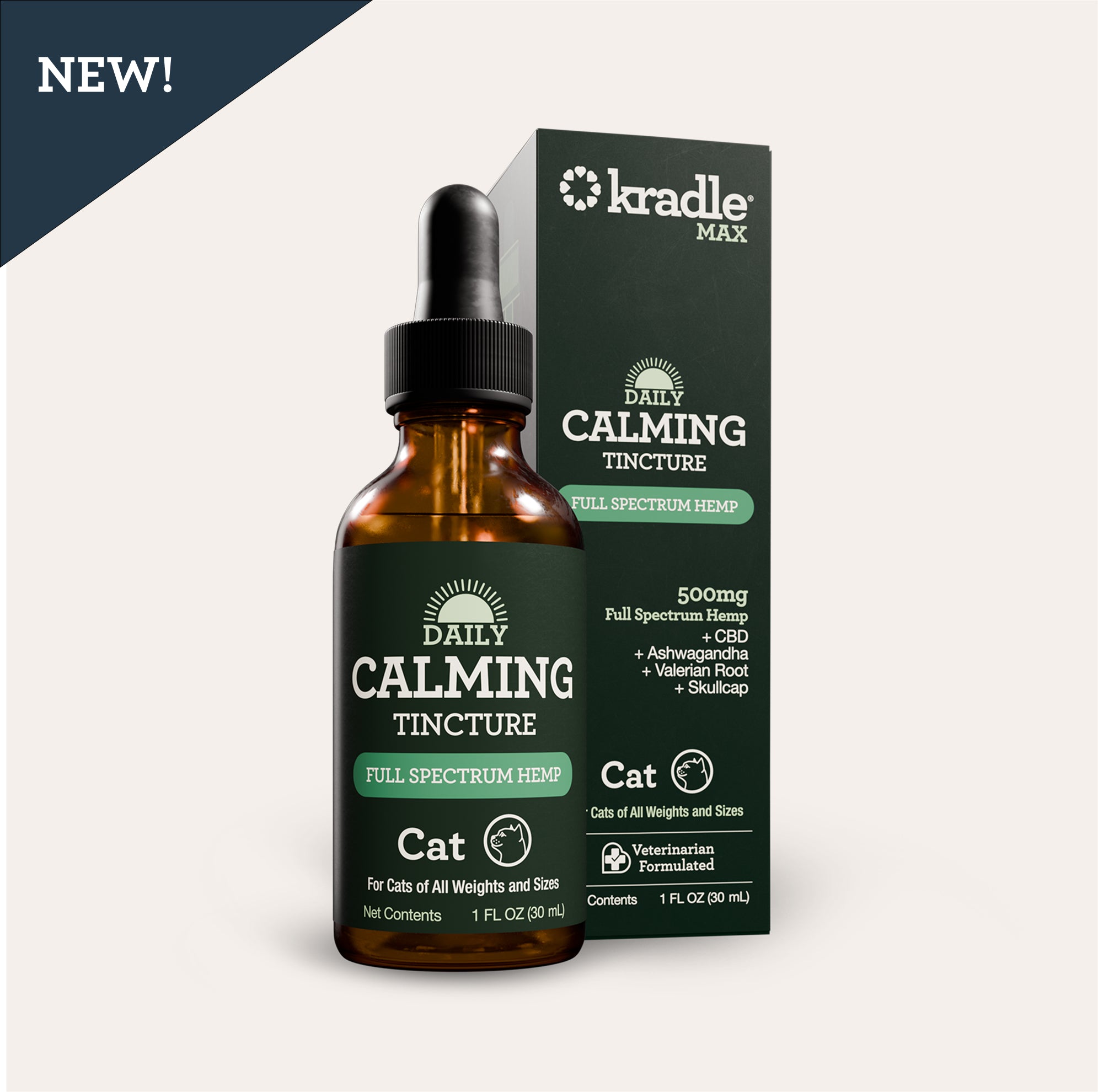 Kradle Max Daily Calming Tincture for cats with bottle and packaging on a white background